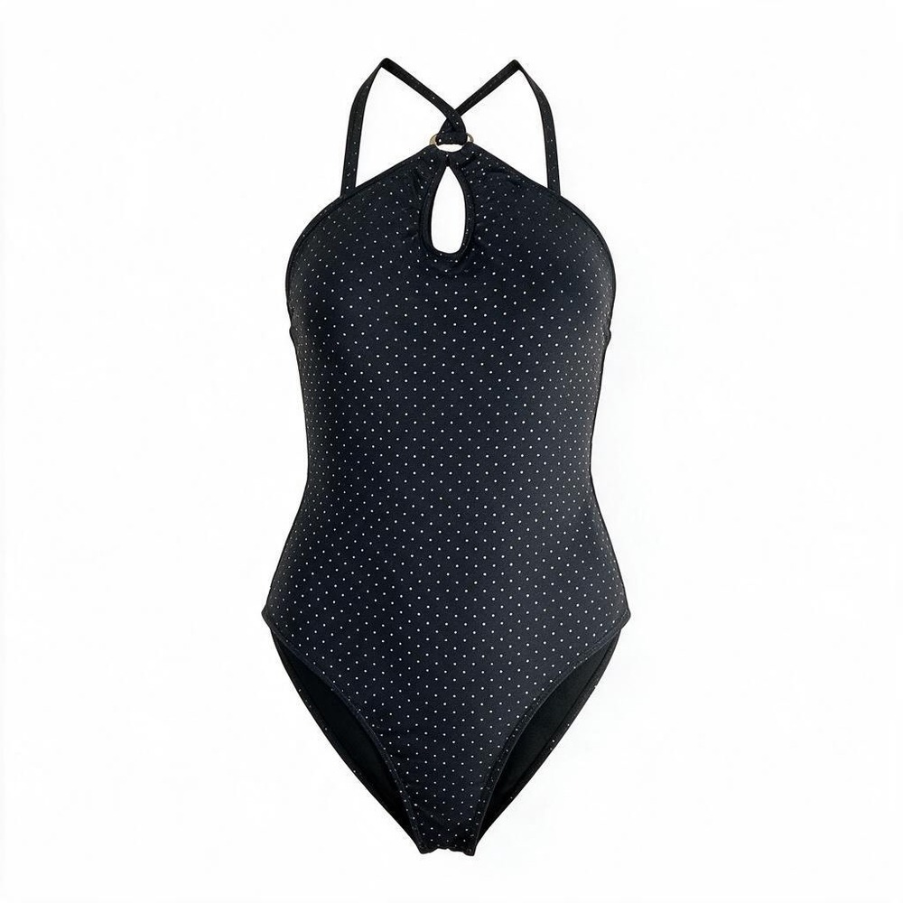 Black Ribbed Metallic Pin Dot One Piece Swimsuit Keyhole Strappy Back 4265